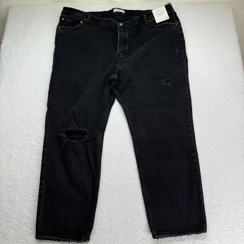 NWT‎ Abercrombie & Fitch The Dad High Rise Jeans Womens 37 24R Black Distressed